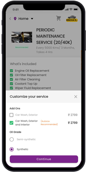 Quick add-ons for customers to help the garage upsell services (e.g. Synthetic Oil, Wash & Detailing).